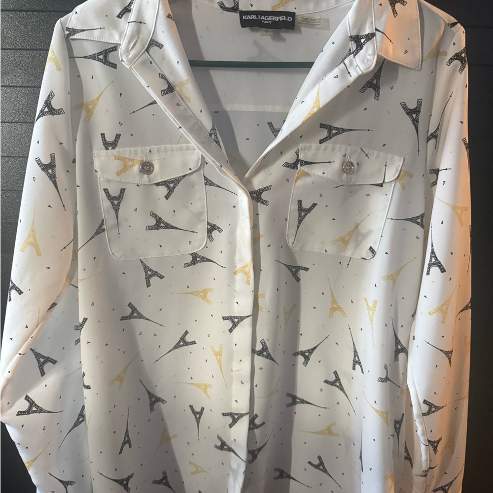 Karl Lagerfeld White Blouse with Black and Gold Patterns